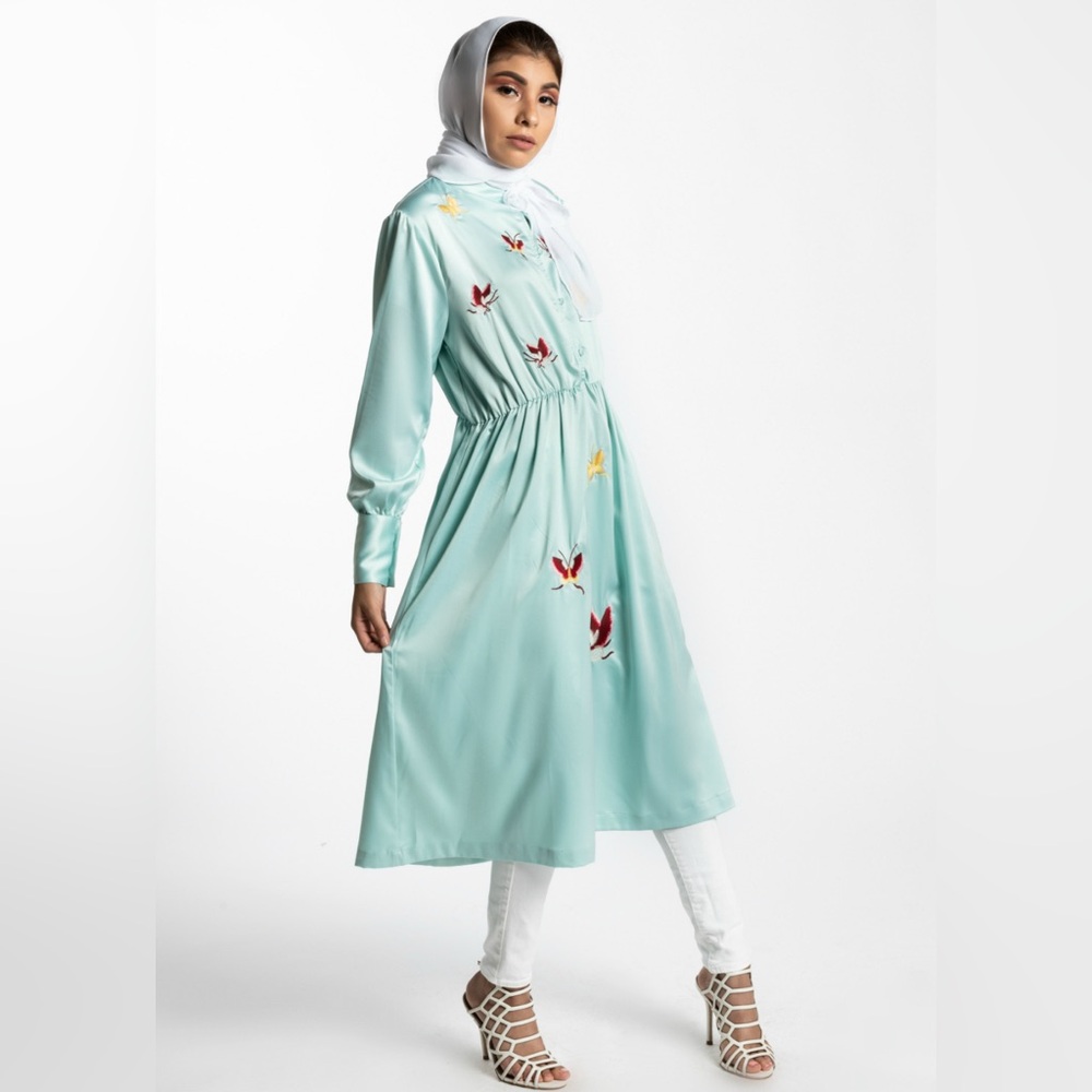 Blue teal embroidered satin midi dress